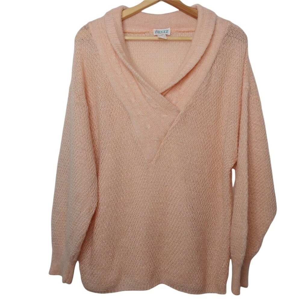 Vintage 80s Sue Brett Womens M Sweater Peach Pullover Mixed Knit Shawl Collar